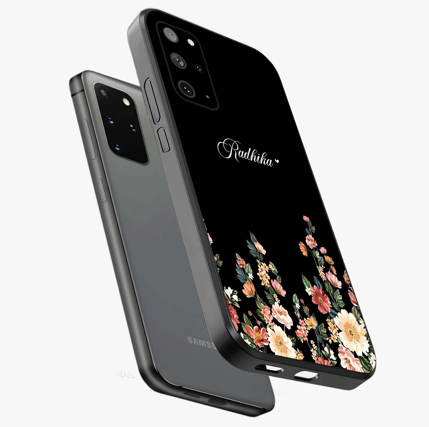 Floral Design With a Custom Personalized Name Glass Case displayed in angled mockup highlighting elegant floral pattern with custom name feature.