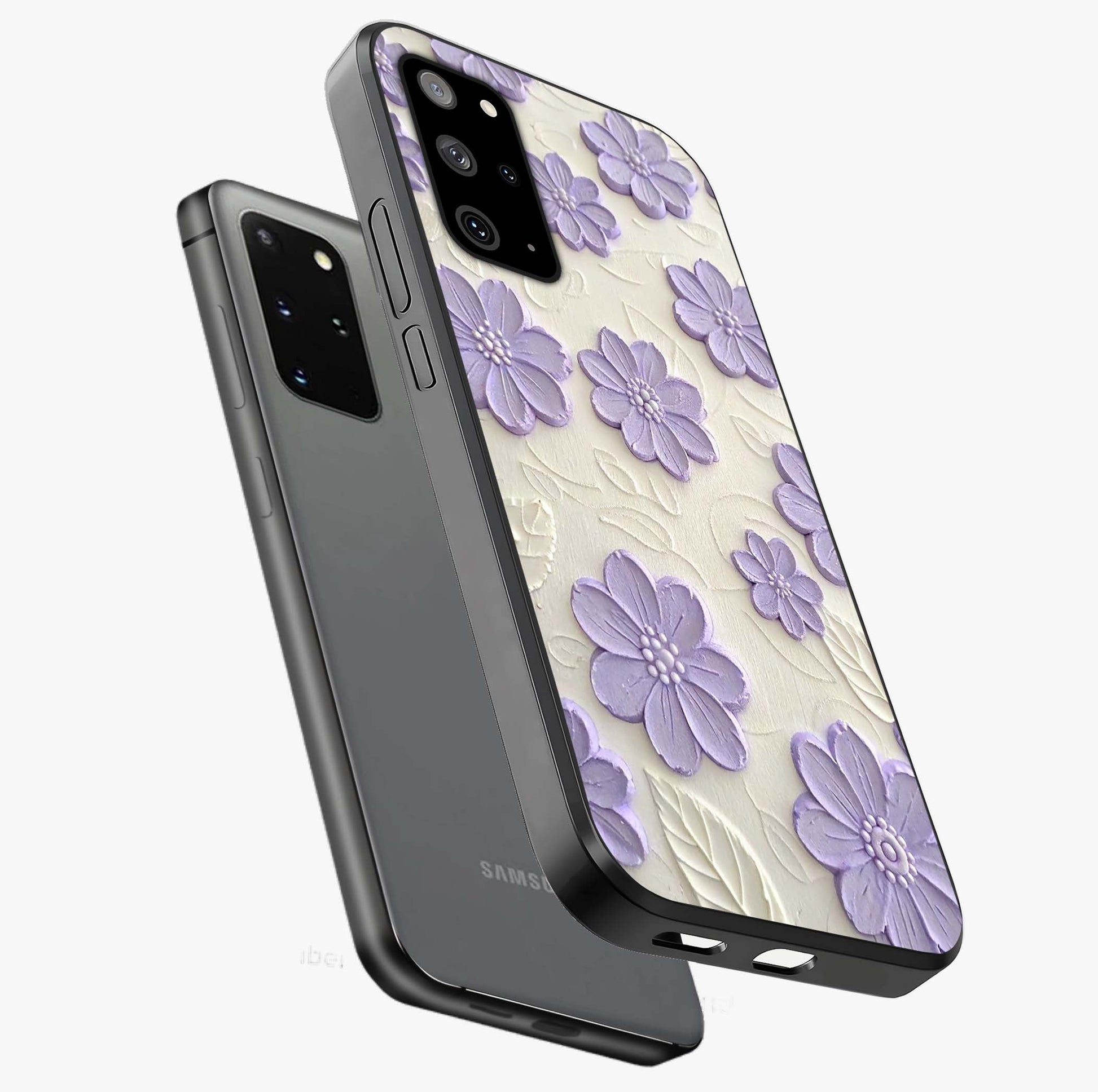 Floral Wall Art With Purple Flowers Glass Case displayed in angled mockup highlighting vibrant purple floral illustration with artistic aesthetic.