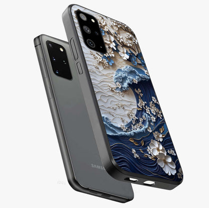 Floral Wave Origami Glass Case displayed in angled mockup highlighting geometric origami flower design with modern aesthetic style.