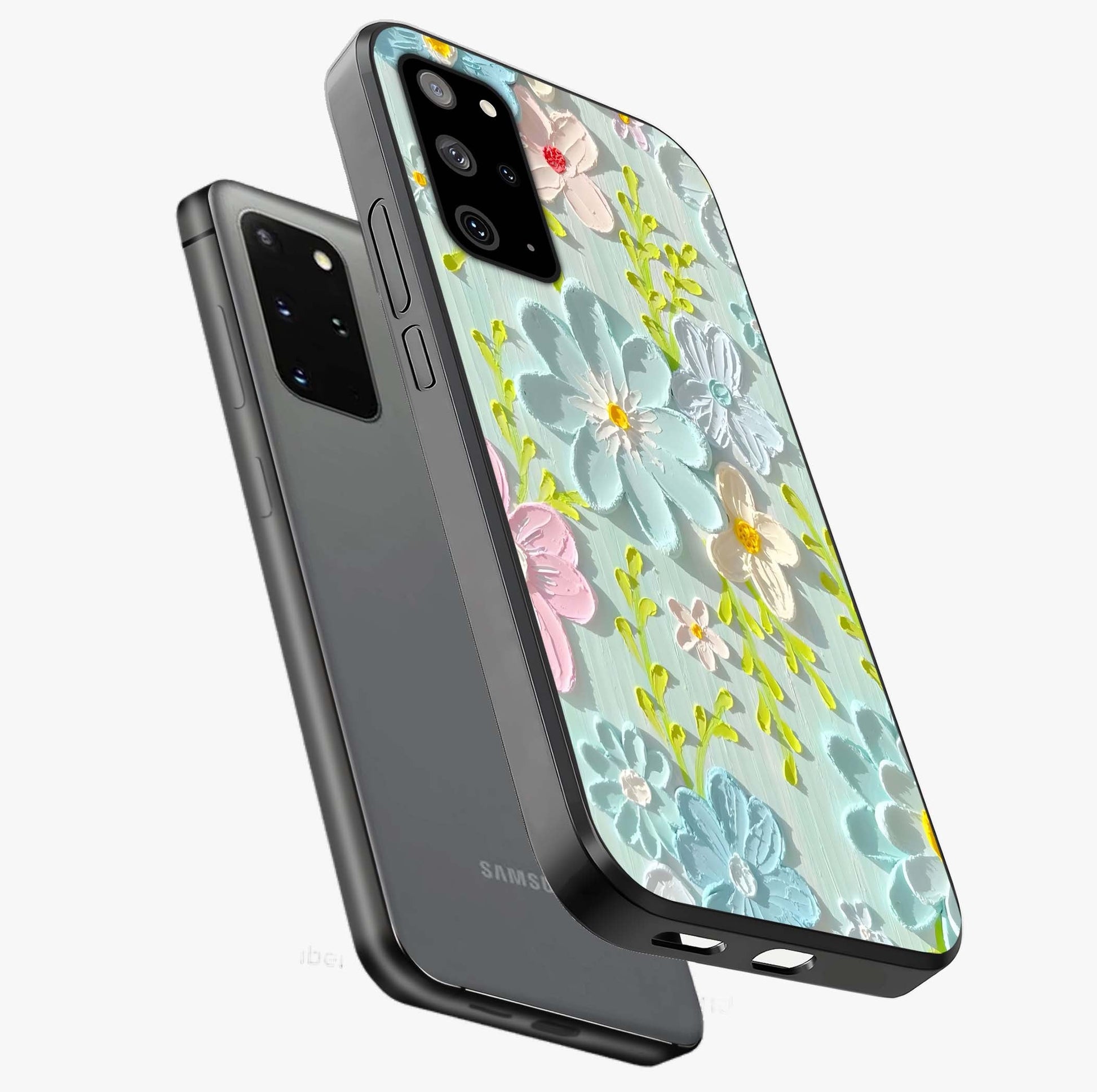 Frosted Petal Garden Glass Case displayed in angled mockup highlighting delicate flower petal design with calm garden aesthetic.