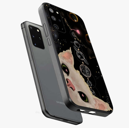 Galactic Cat Glass Case displayed in angled mockup highlighting celestial feline illustration with galaxy aesthetic style.