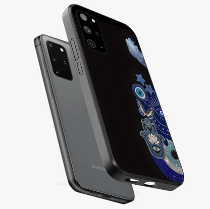 Galactic Charm Cluster Glass Case displayed in angled mockup highlighting luminous galaxy inspired design with dreamy aesthetic.