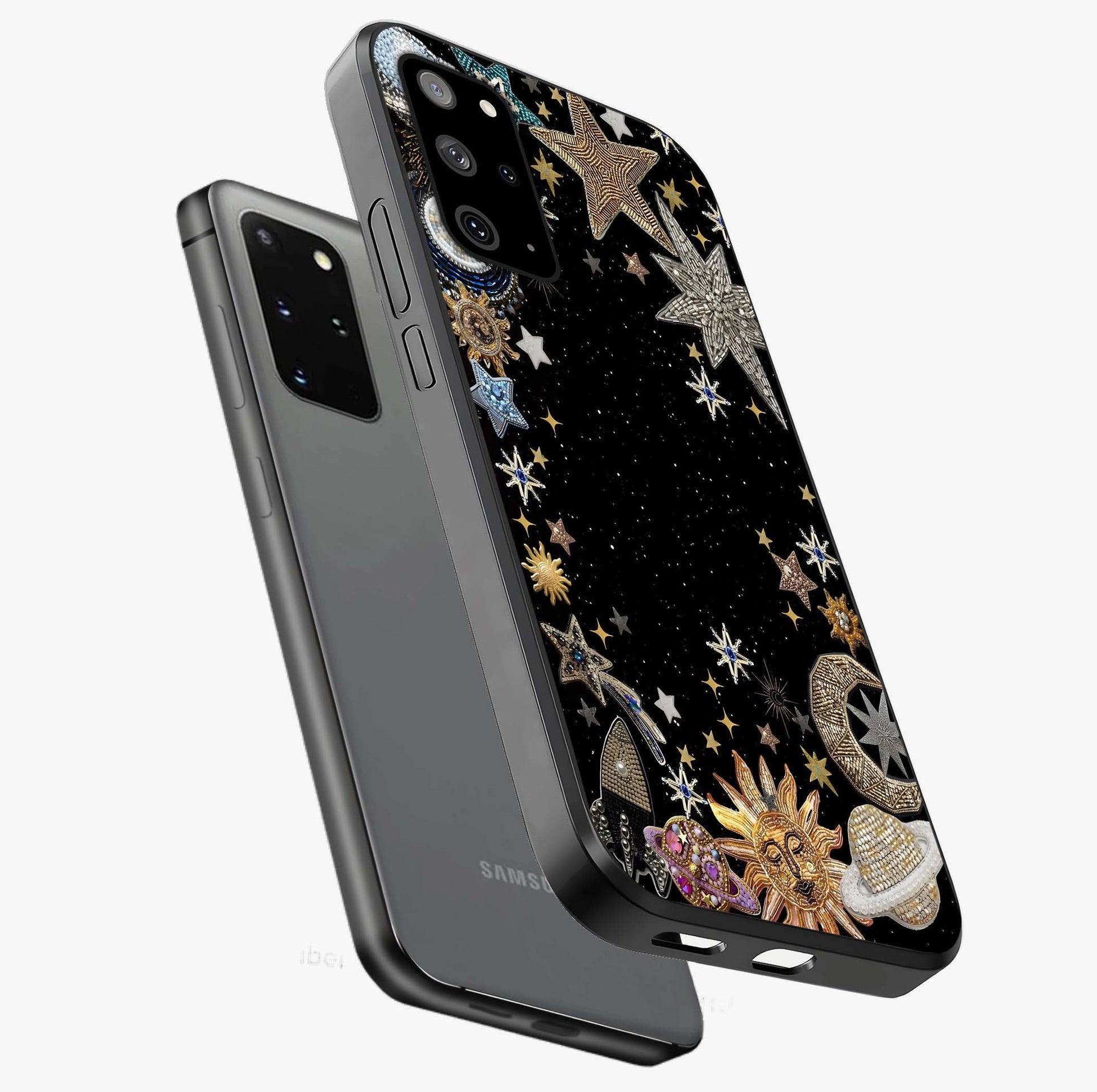 Galactic Jewel Stars Glass Case displayed in angled mockup highlighting shining celestial star design with cosmic aesthetic style.
