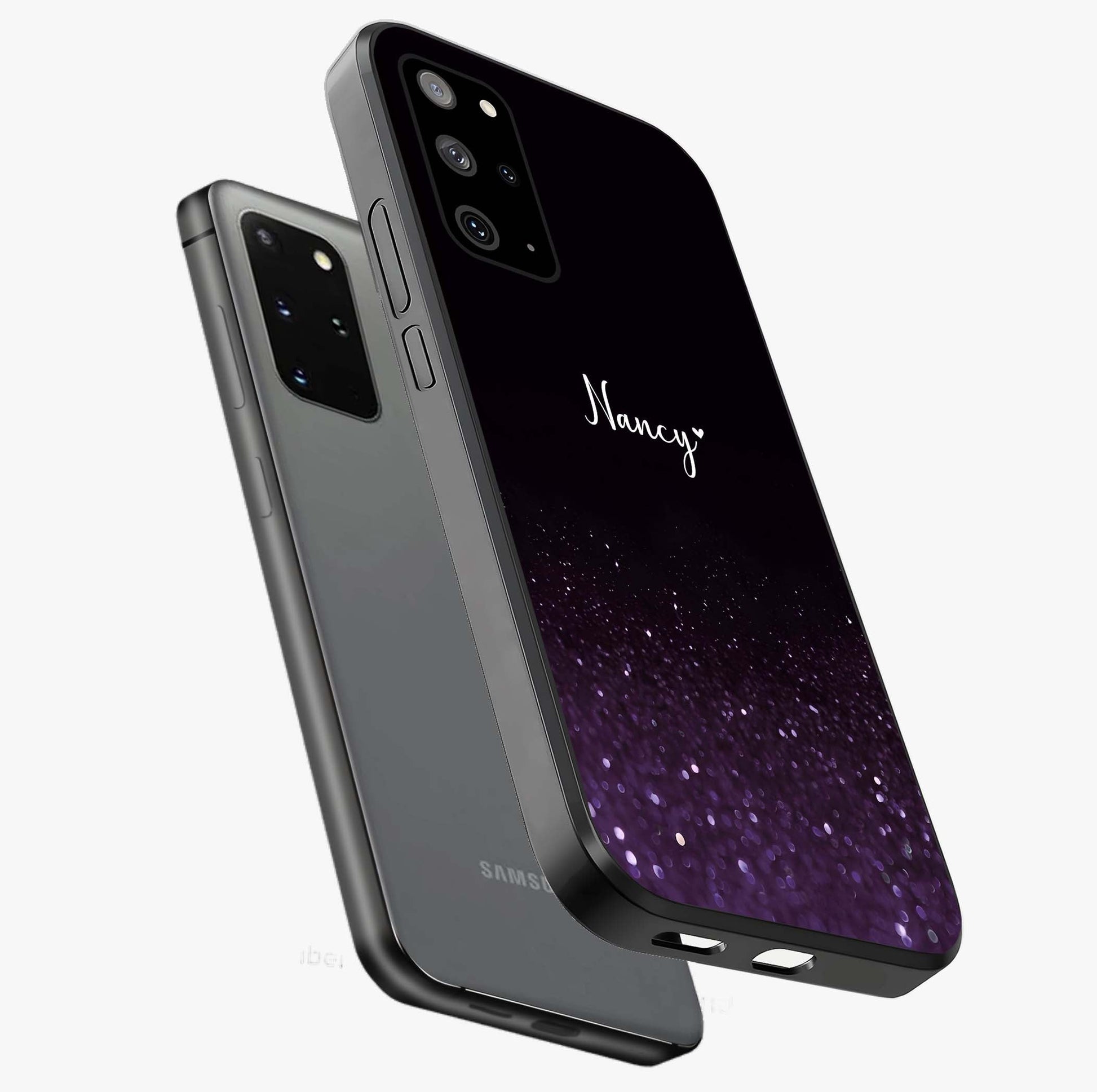 Glittery Purple Bokeh Custom Name Glass Case displayed in angled mockup highlighting glitter bokeh pattern with custom name feature.