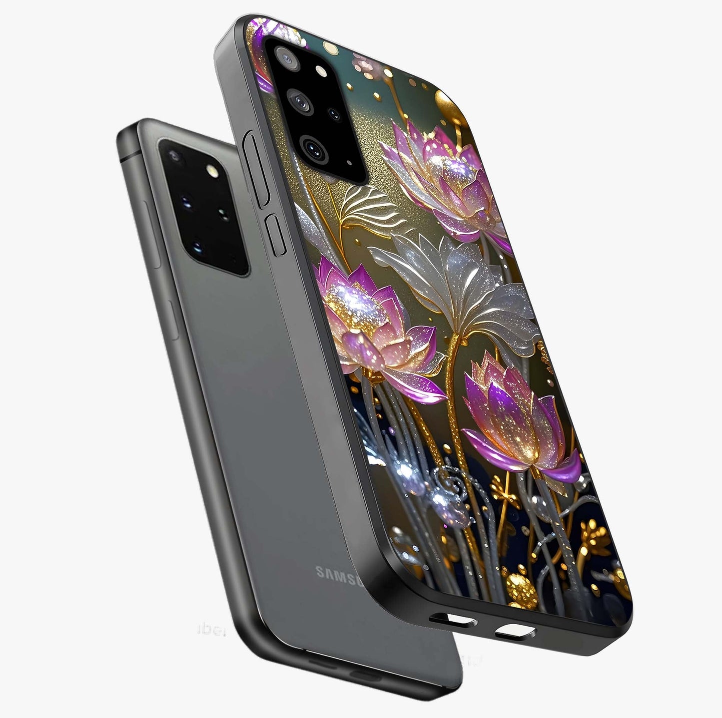 Golden Floral Majesty Glass Case displayed in angled mockup highlighting elegant flower design with royal golden aesthetic.