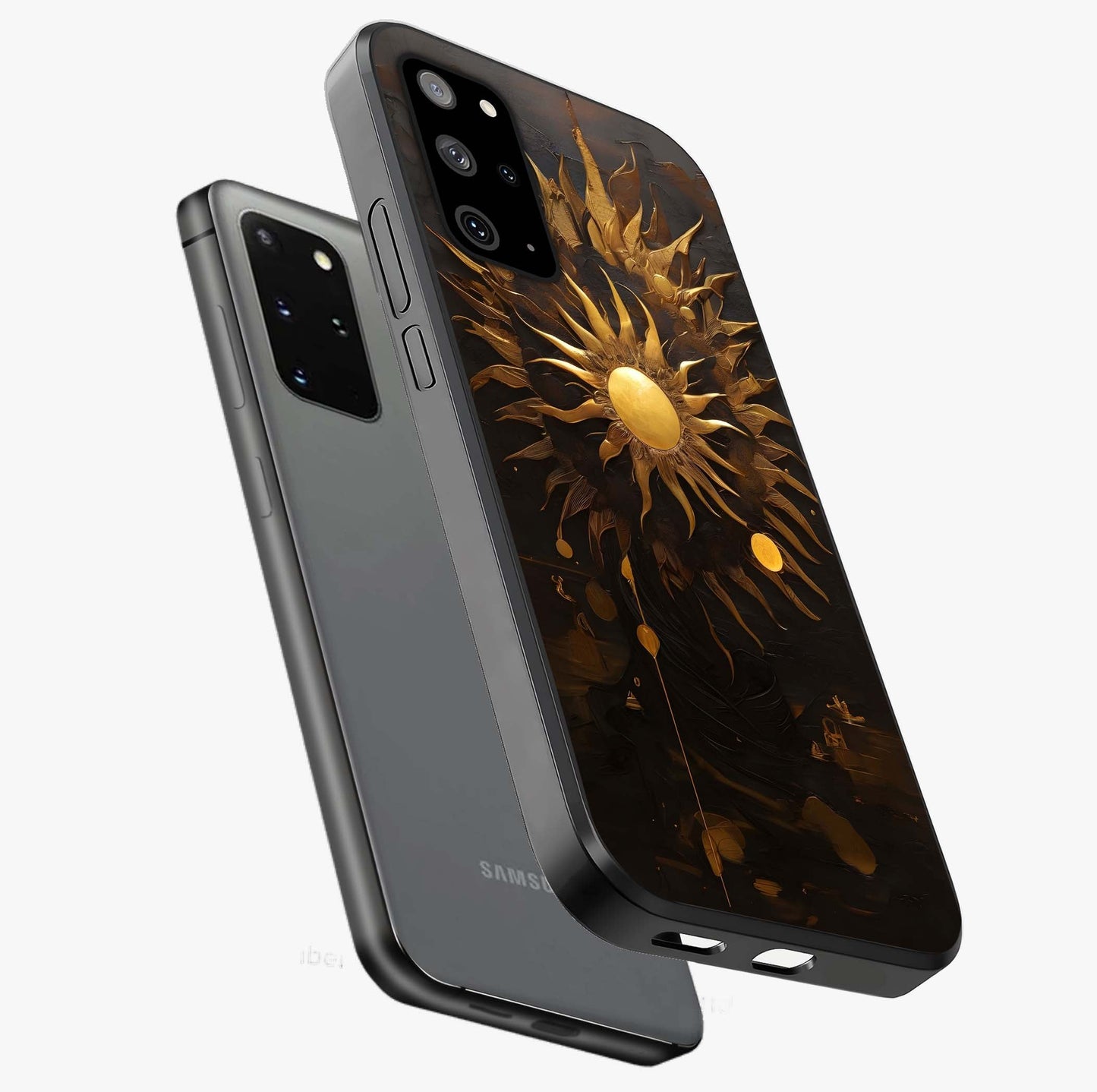 Golden Sun Majesty Glass Case displayed in angled mockup highlighting eerie shadow illustration with gothic aesthetic.