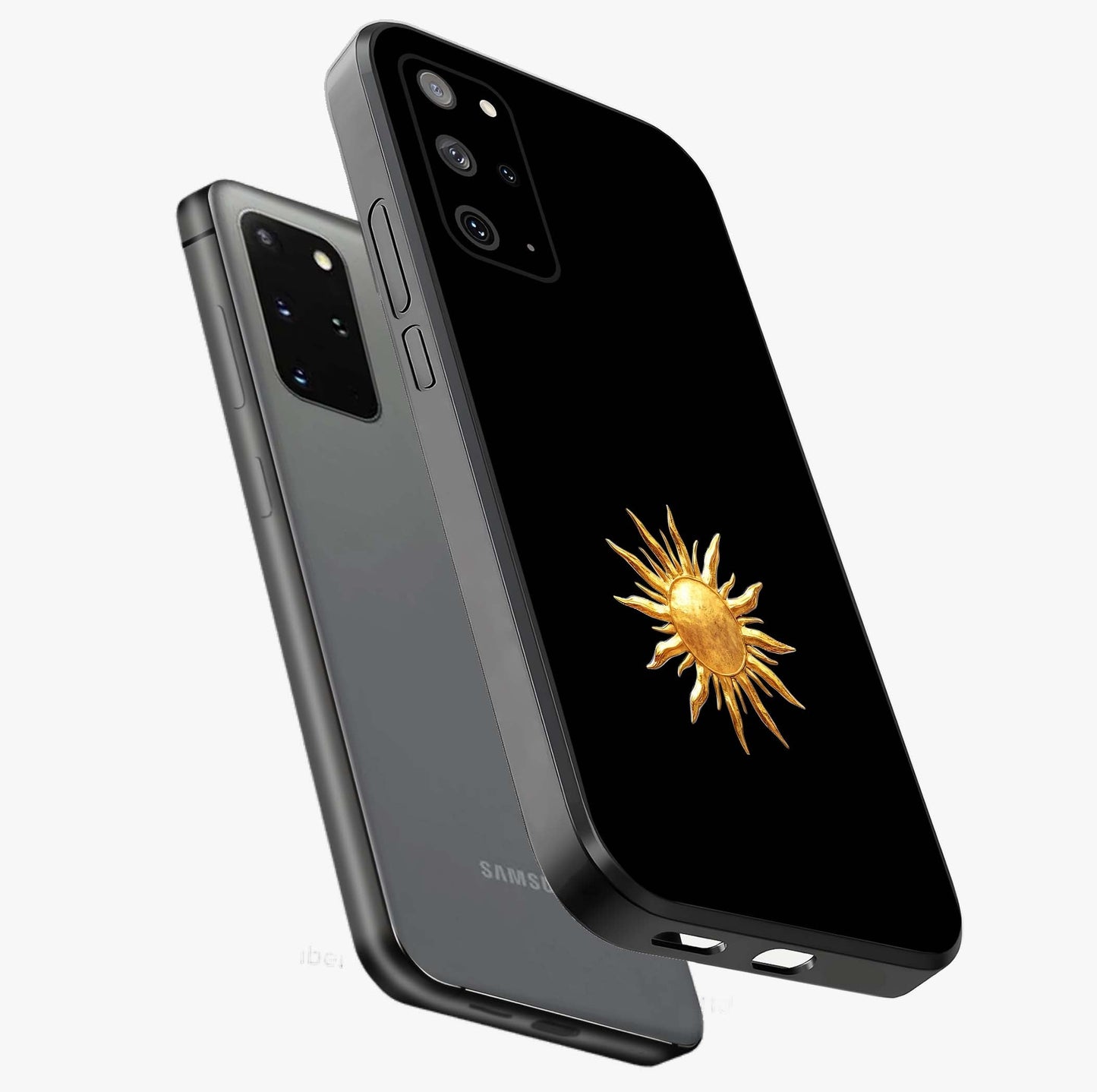 Golden Sun Minimalism Glass Case displayed in angled mockup highlighting eerie shadow illustration with gothic aesthetic.
