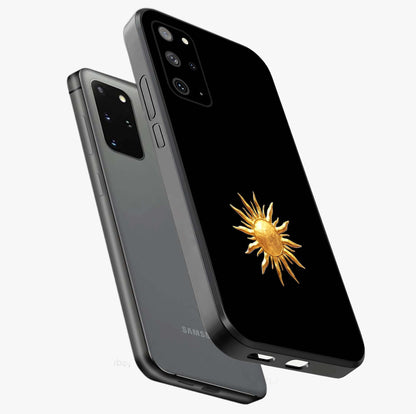 Golden Sun Minimalism Glass Case displayed in angled mockup highlighting eerie shadow illustration with gothic aesthetic.