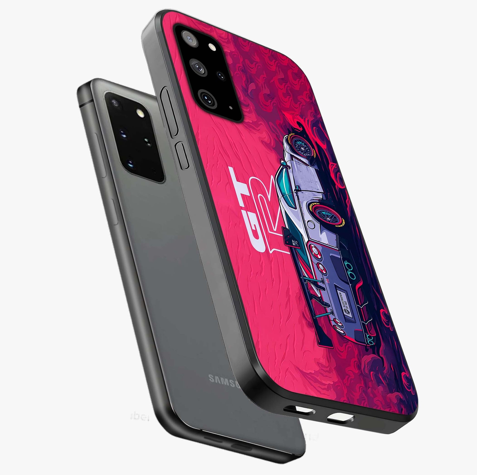GT-R Car Pattern Glass Case displayed in angled mockup highlighting racing car graphic design with bold automotive aesthetic.