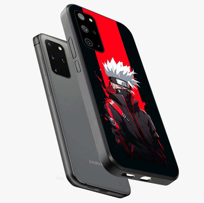 Kakashi Scarlet Shadow Glass Case displayed in angled mockup highlighting dramatic ninja illustration with scarlet themed aesthetic.