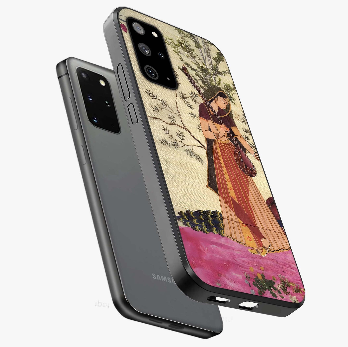 Lady With Veena Art Glass Case displayed in angled mockup highlighting graceful musical illustration with cultural artistic aesthetic.