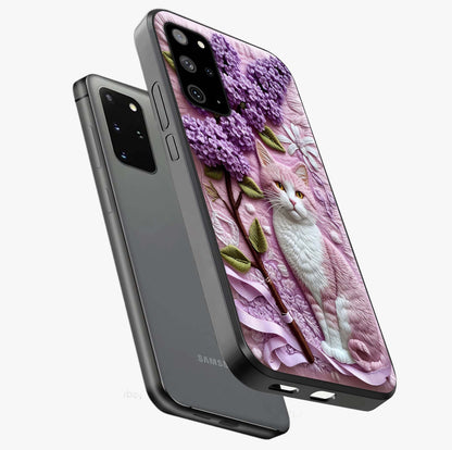 Lavender Cat Whimsy Glass Case displayed in angled mockup highlighting playful feline illustration with pastel lavender aesthetic.
