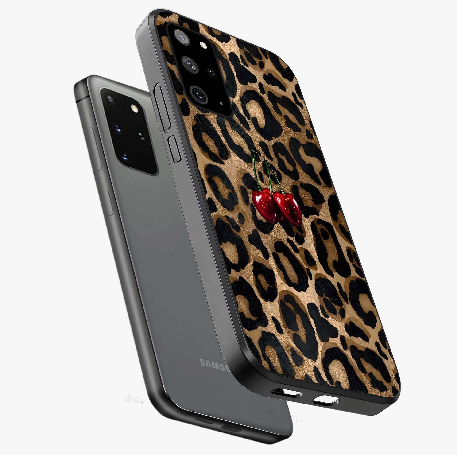Leopard Wild Cherry Glass Case displayed in angled mockup highlighting bold animal print design with playful cherry aesthetic.