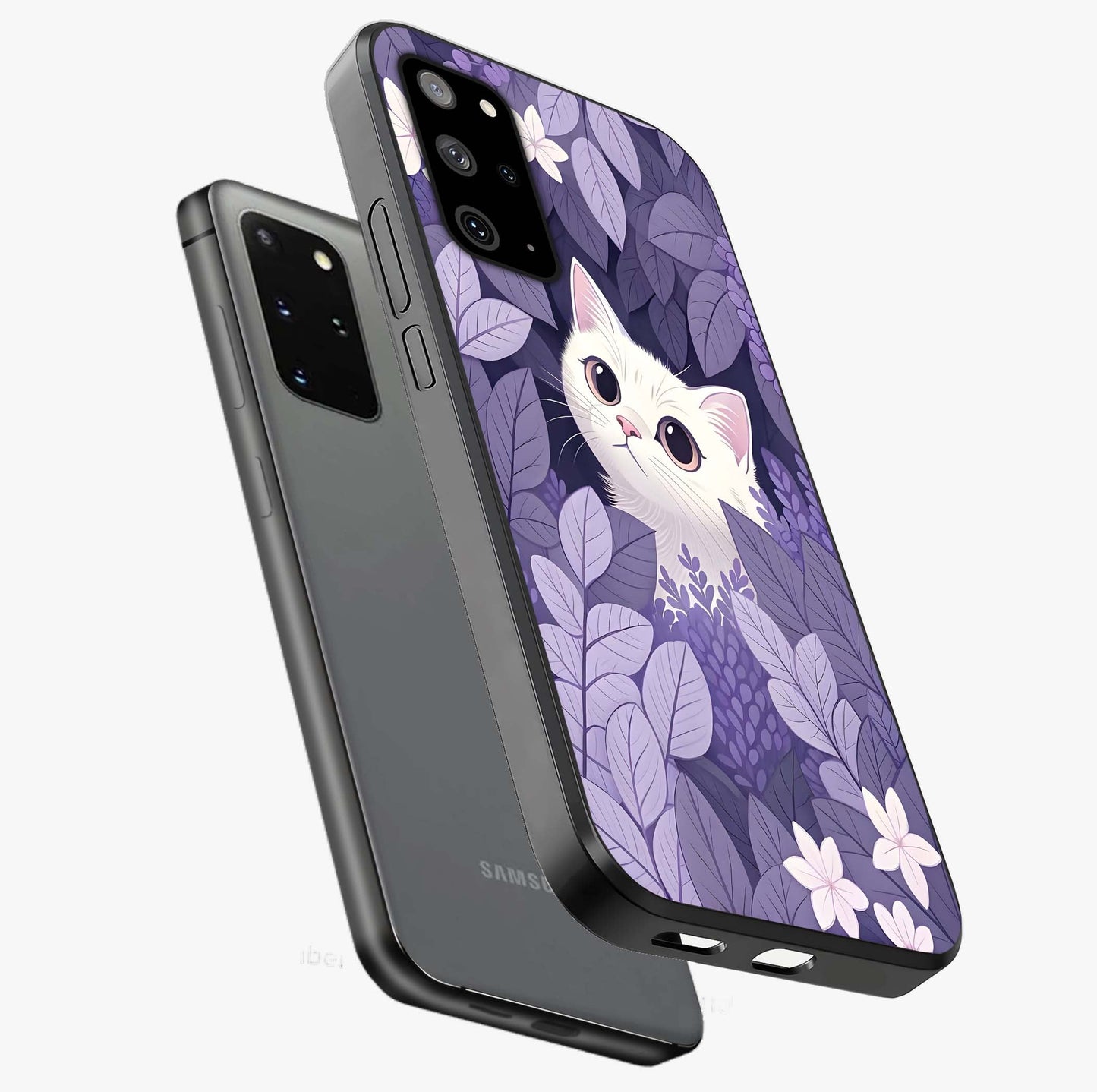 Lilac Hide Peek Cat Glass Case displayed in angled mockup highlighting playful feline illustration with lilac aesthetic design.