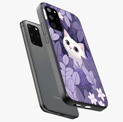 Lilac Hide Peek Cat Glass Case displayed in angled mockup highlighting playful feline illustration with lilac aesthetic design.