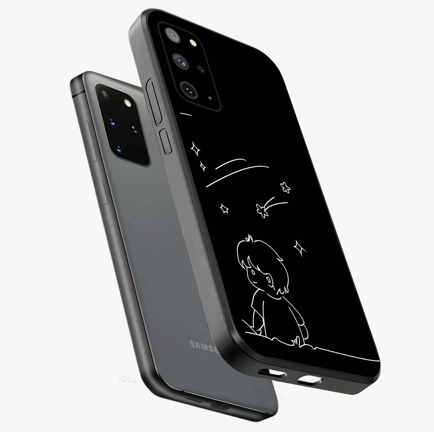 Line Art Boy With Shooting Stars Glass Case displayed in angled mockup highlighting elegant line art design with dreamy star aesthetic.