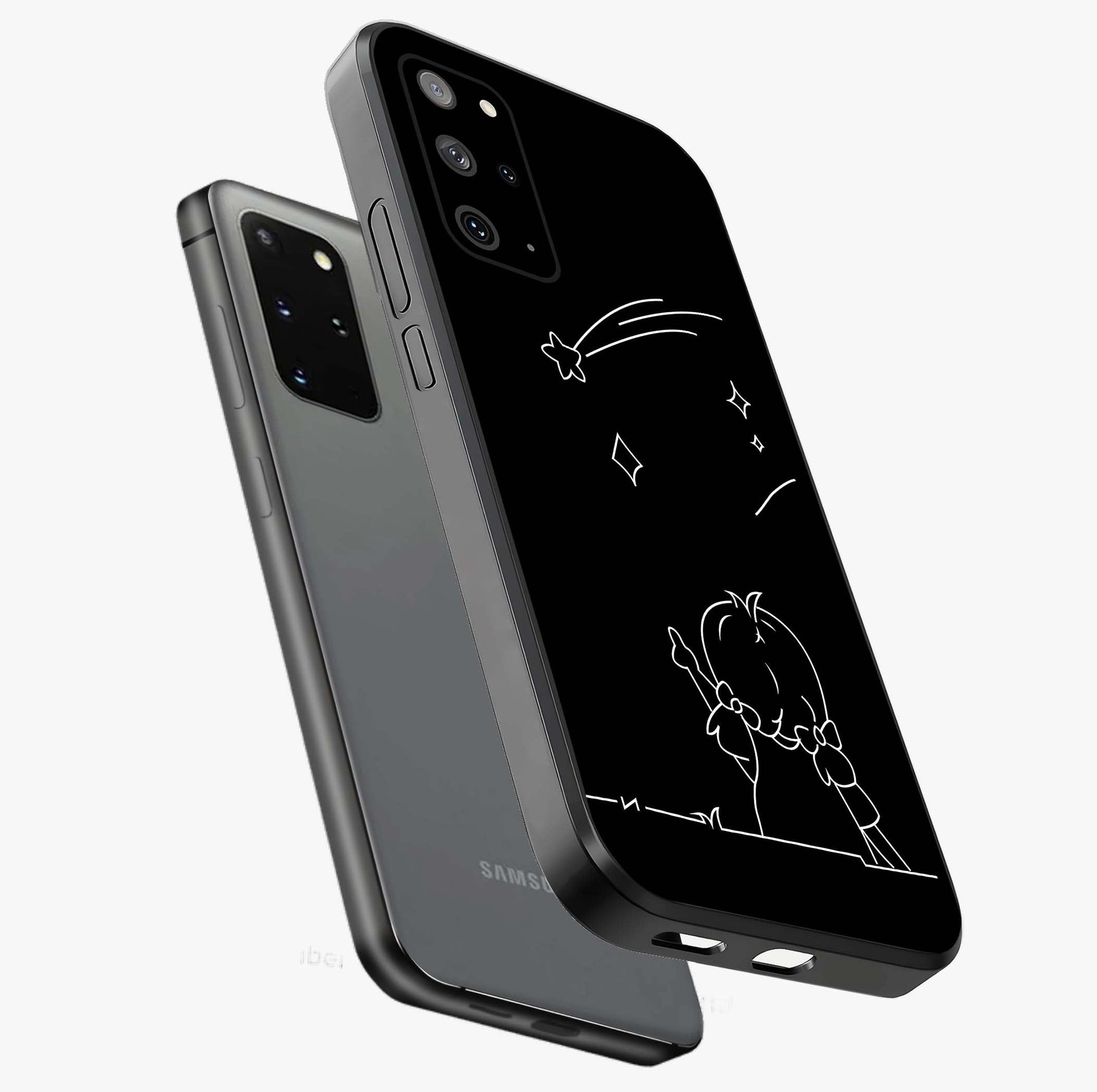Line Art Girl With Shooting Stars Glass Case displayed in angled mockup highlighting elegant line art design with dreamy star aesthetic.