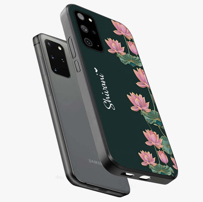 Lotus Bloom Serenity Custom Name Glass Case displayed in angled mockup highlighting graceful lotus illustration with custom name feature.