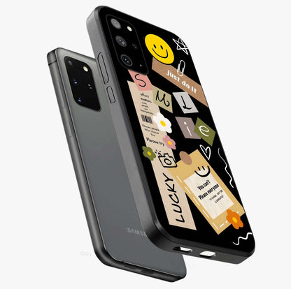 Lucky Aesthetic Collage Glass Case displayed in angled mockup highlighting stylish collage pattern with modern aesthetic vibe.
