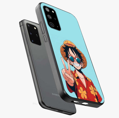 Luffy Summer Anime Vibe Glass Case displayed in angled mockup highlighting energetic anime illustration with summer vibe aesthetic.