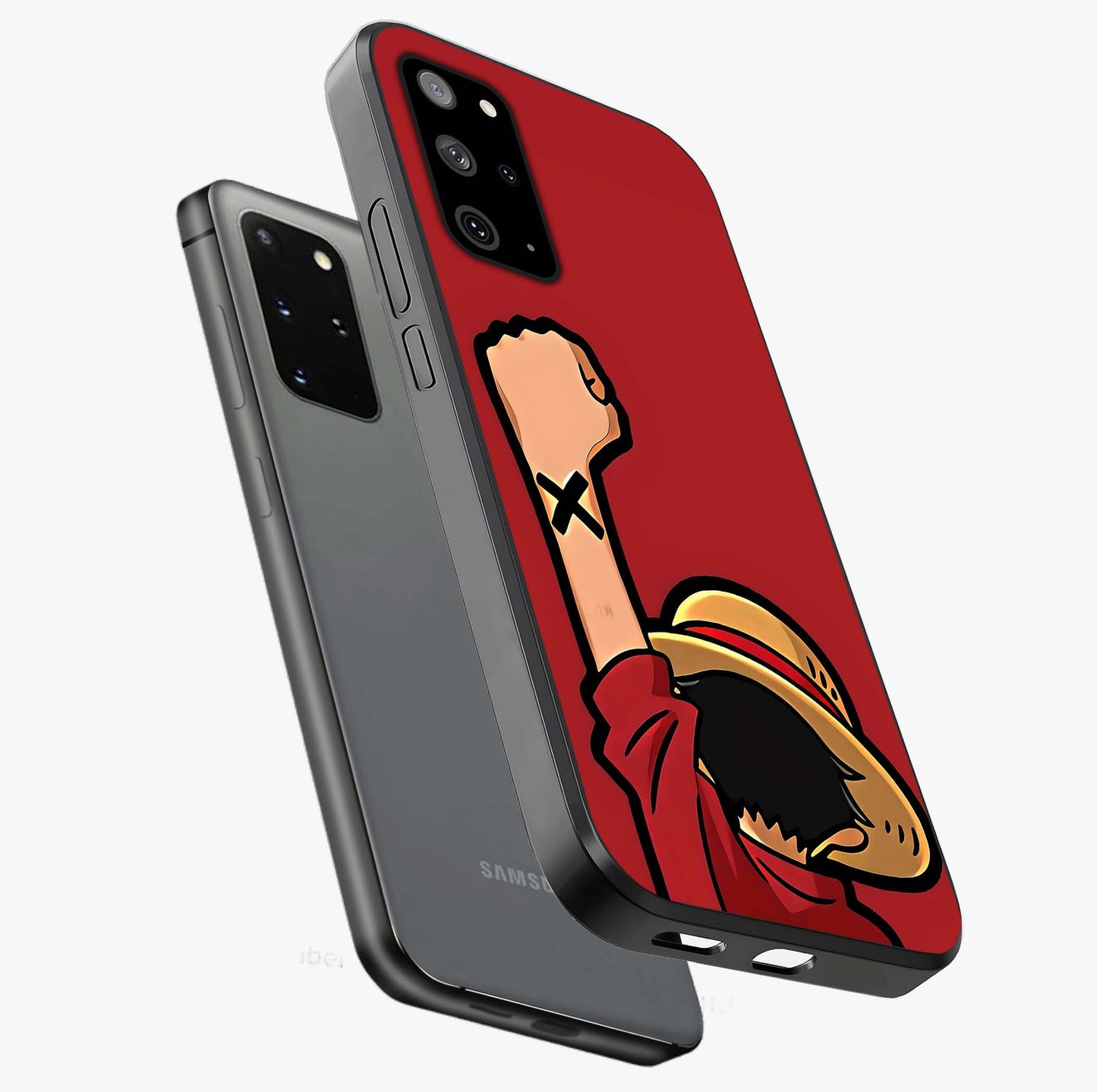 Luffy X Spirit Glass Case displayed in angled mockup highlighting powerful anime design with energetic action aesthetic.