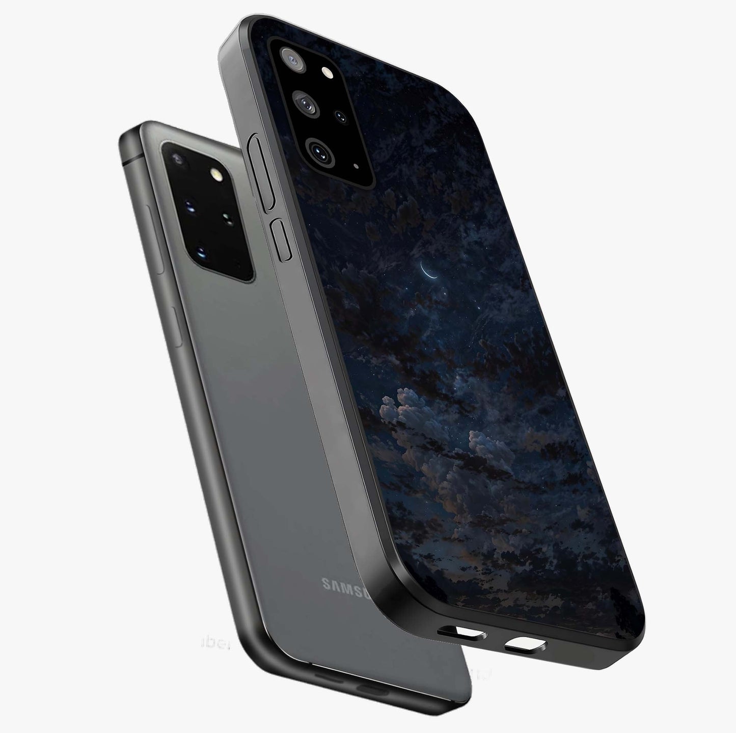 Lunar Veil Silence Glass Case displayed in angled mockup highlighting soft lunar design with peaceful celestial aesthetic.