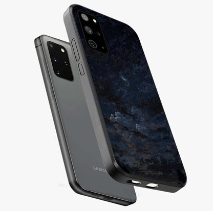 Lunar Veil Silence Glass Case displayed in angled mockup highlighting soft lunar design with peaceful celestial aesthetic.
