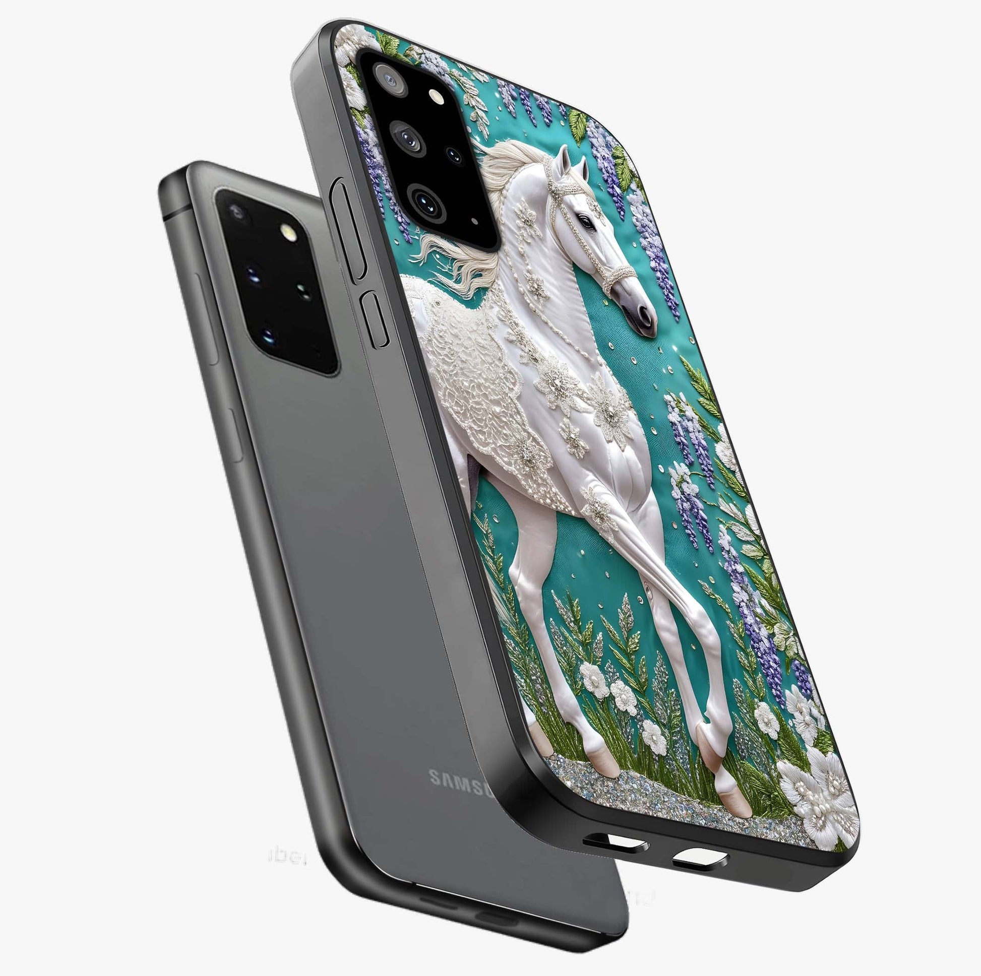 Majestic Floral Stallion Glass Case displayed in angled mockup highlighting majestic stallion illustration with elegant floral aesthetic.