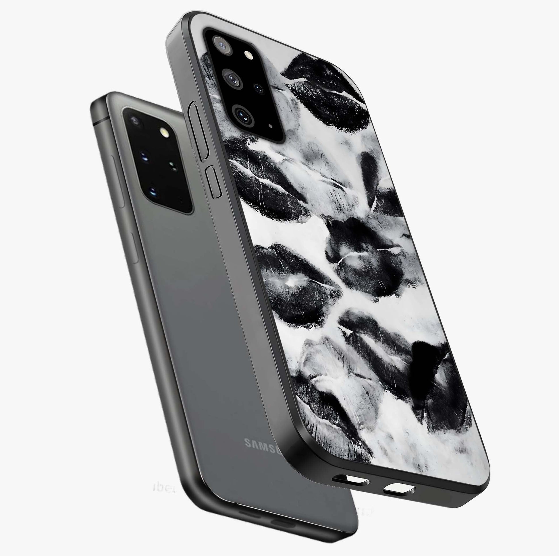 Midnight Kiss Marks Glass Case displayed in angled mockup highlighting playful romantic design with bold midnight aesthetic.