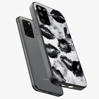 Midnight Kiss Marks Glass Case displayed in angled mockup highlighting playful romantic design with bold midnight aesthetic.