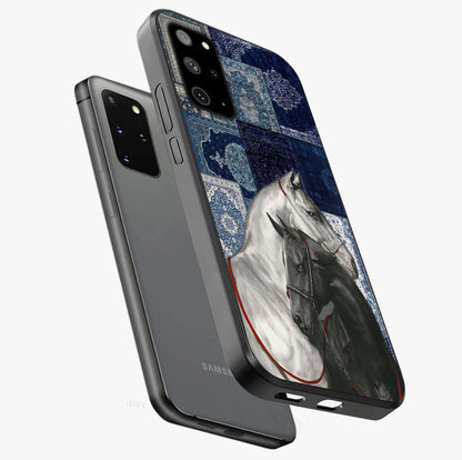 Midnight Stallion Blues Glass Case displayed in angled mockup highlighting powerful stallion illustration with deep midnight tones.