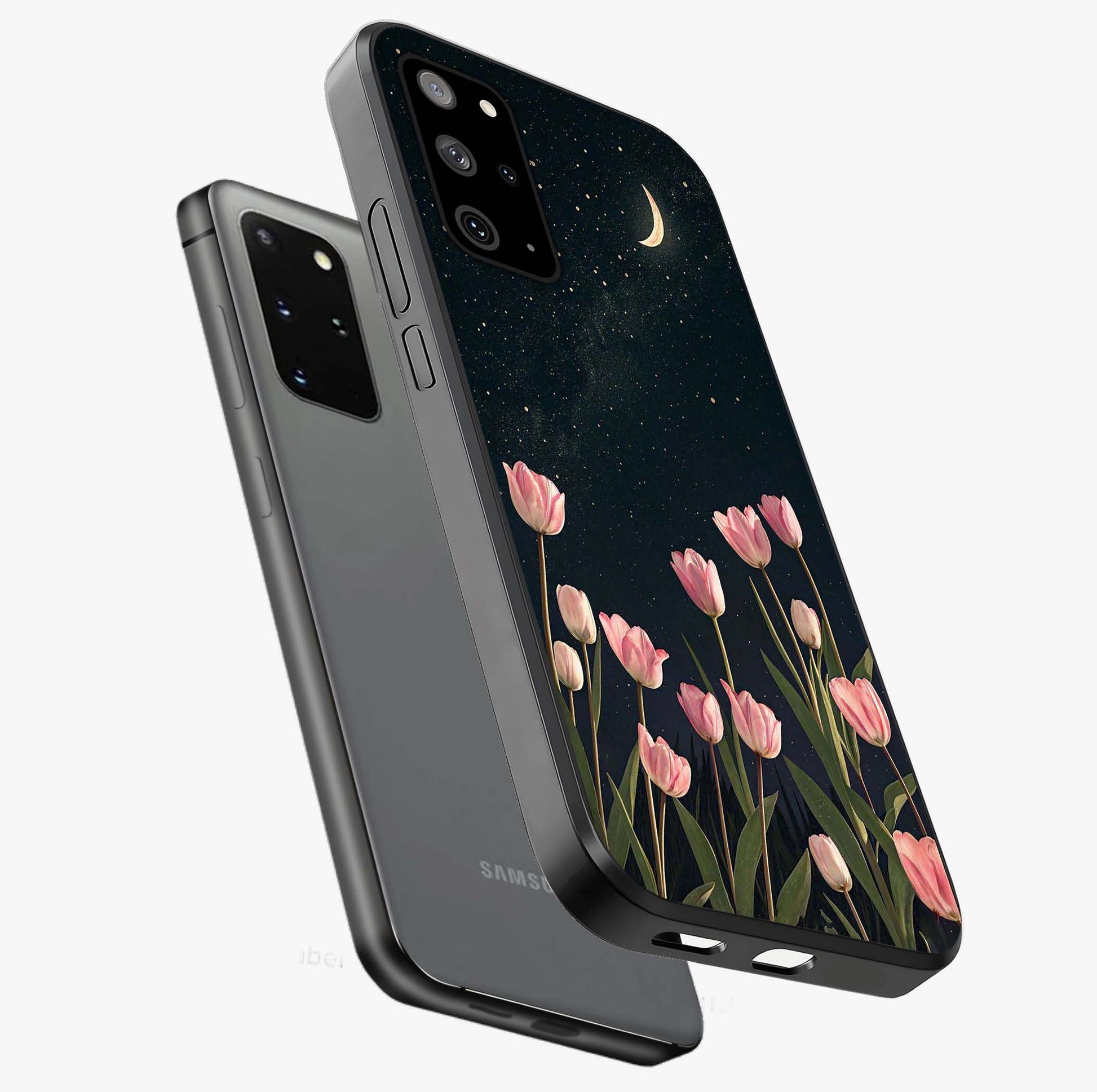 Midnight Tulip Whispers Vibe Glass Case displayed in angled mockup highlighting delicate tulip design with midnight floral aesthetic.