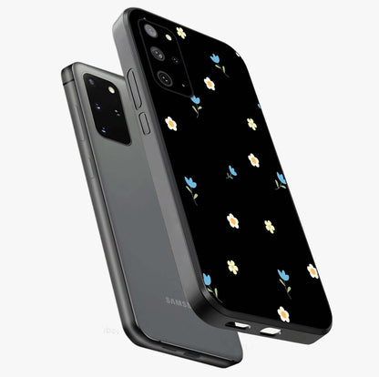 Minimal Petal Whispers Glass Case displayed in angled mockup highlighting delicate petal design with clean minimal aesthetic.