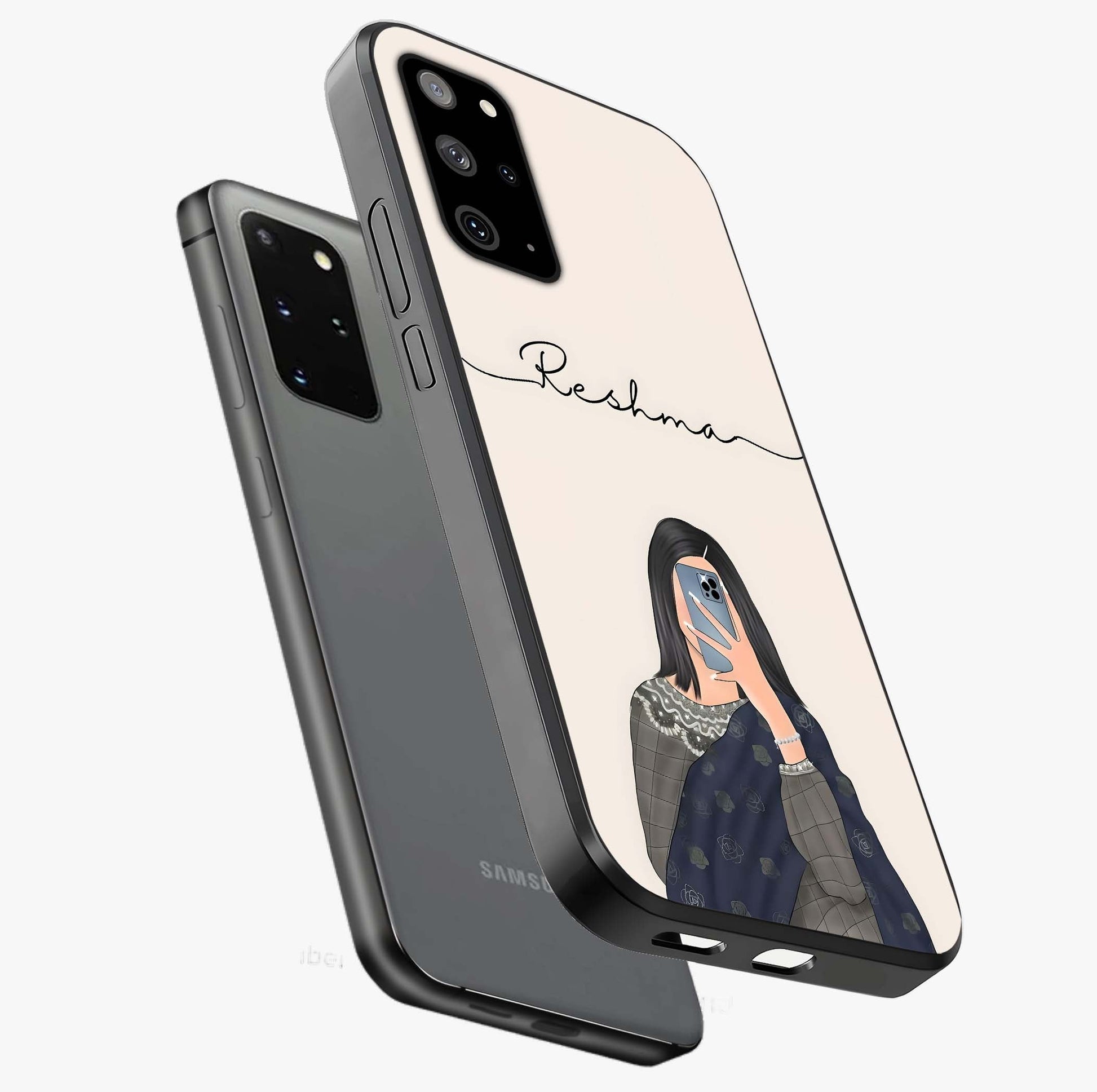 Mirror Mood Muse With Custom Name Glass Case displayed in angled mockup highlighting aesthetic mirror inspired design with custom name feature.