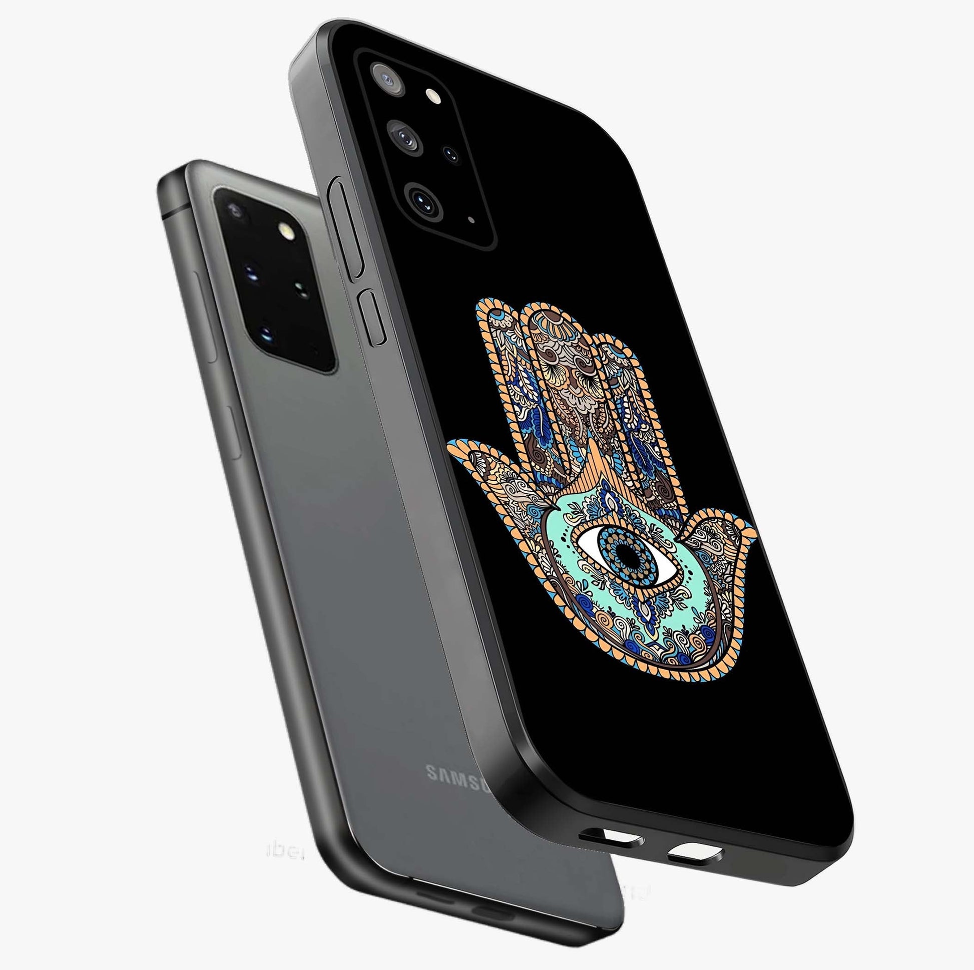 Mystic Hamsa Eye Glass Case displayed in angled mockup highlighting spiritual hamsa symbol with mystical aesthetic style.