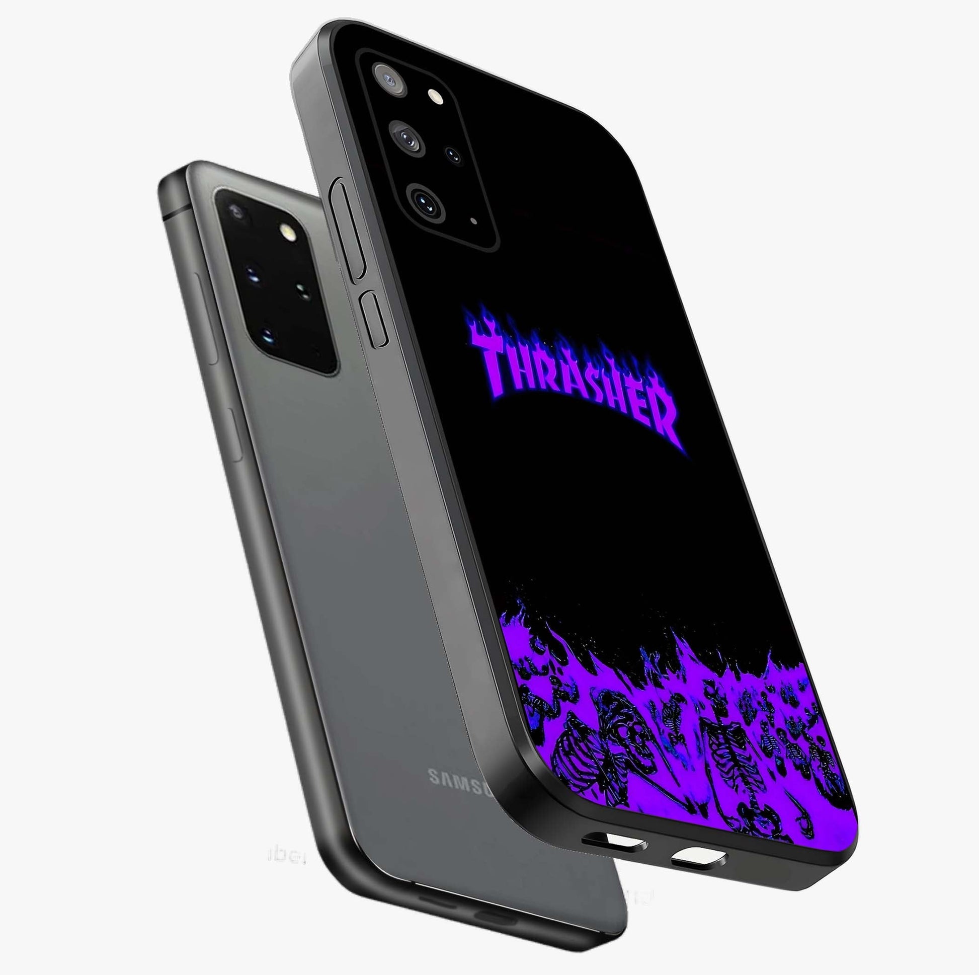 Neon Flame Riot Glass Case displayed in angled mockup highlighting glowing flame design with vibrant neon aesthetic.