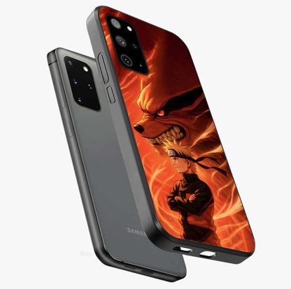 Nine Tails Legacy Glass Case displayed in angled mockup highlighting dynamic anime beast illustration with bold mystical aesthetic.