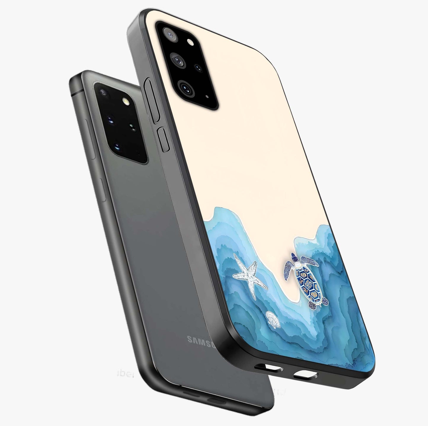 Ocean Drift Turtle Glass Case displayed in angled mockup highlighting peaceful ocean turtle illustration with marine aesthetic.