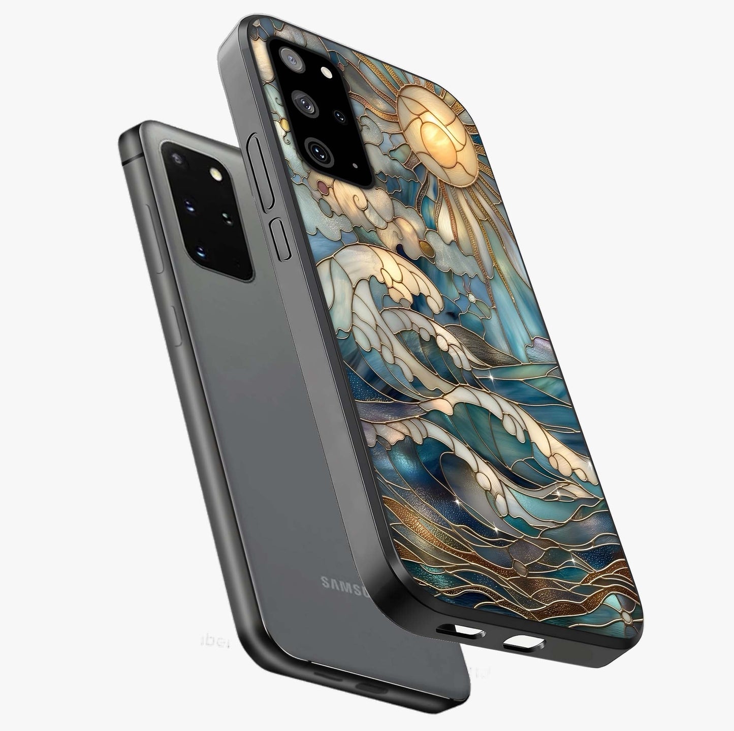 Oceanic Stained Printed Glass Case displayed in angled mockup highlighting colorful aquatic design with artistic aesthetic style.