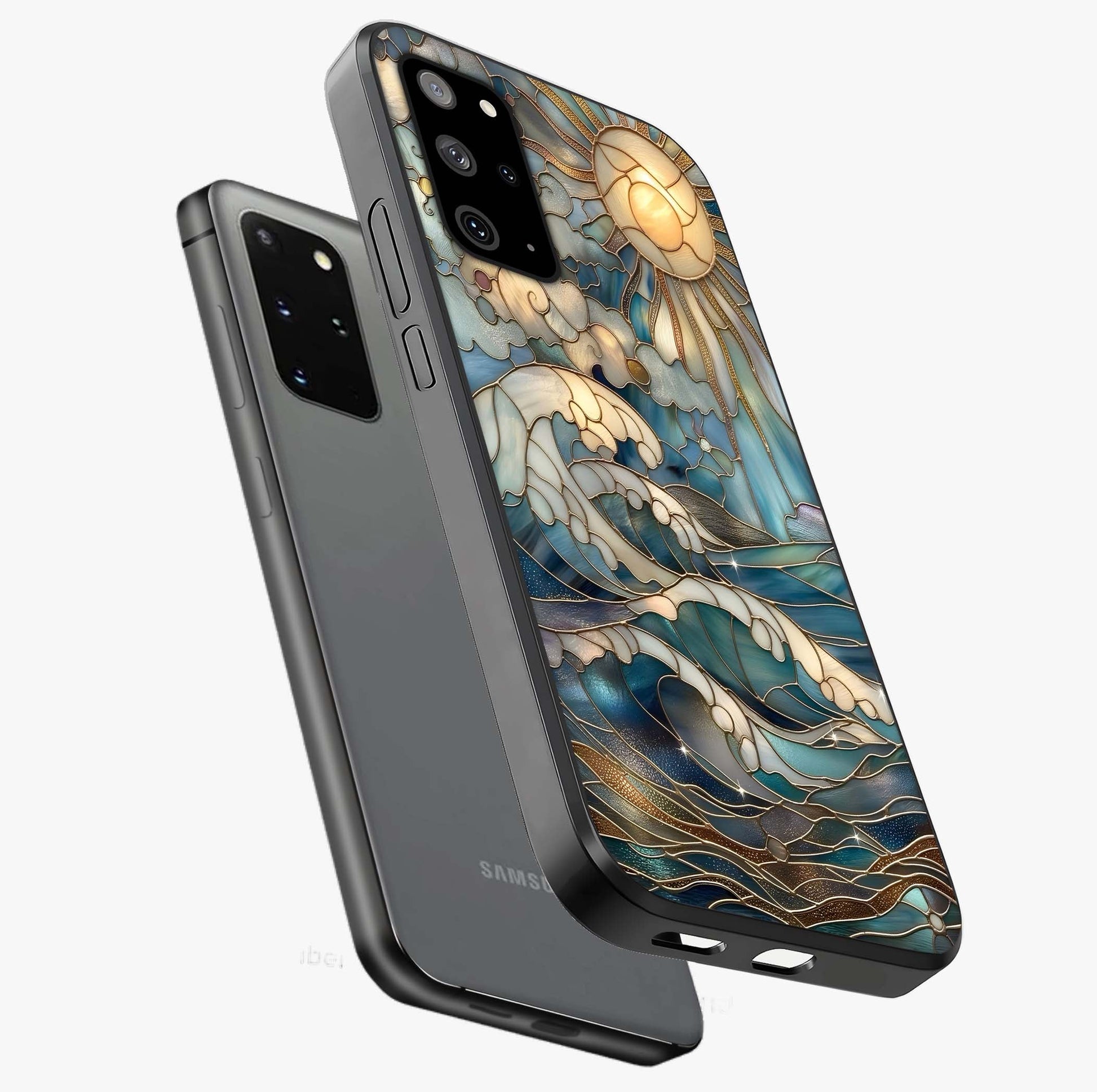 Oceanic Stained Printed Glass Case displayed in angled mockup highlighting colorful aquatic design with artistic aesthetic style.