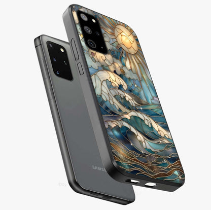 Oceanic Stained Printed Glass Case displayed in angled mockup highlighting colorful aquatic design with artistic aesthetic style.