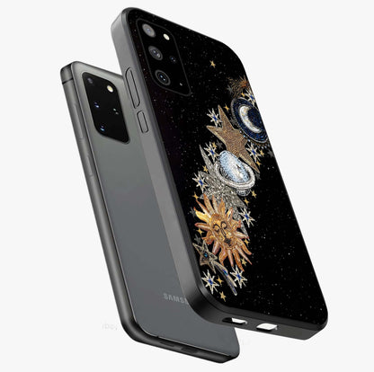Pearls Universe Object Glass Case displayed in angled mockup highlighting celestial pearl design with dreamy aesthetic.