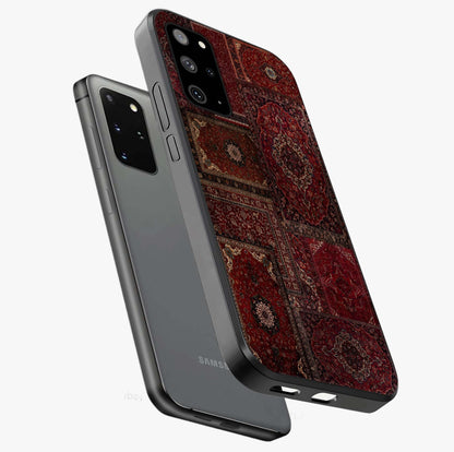 Persian Velvet Tale Glass Case displayed in angled mockup highlighting ornate textile inspired design with royal aesthetic.