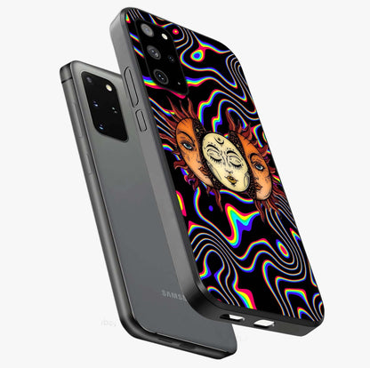 Psychedelic Sun Glass Case displayed in angled mockup highlighting vibrant abstract sun design with artistic aesthetic style.