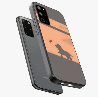 Puppy Shadow Art Glass Case displayed in angled mockup highlighting playful dog illustration with artistic shadow aesthetic.