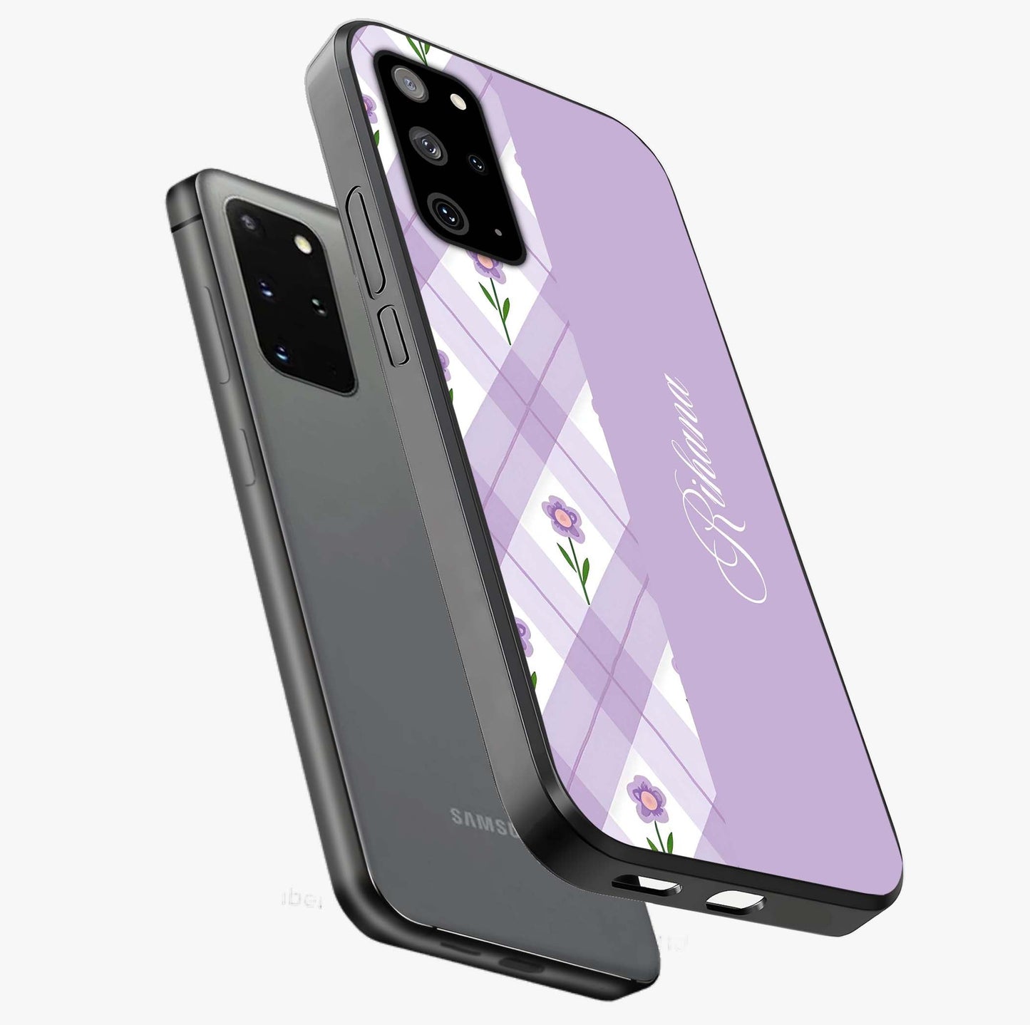 Purple Diamond Floral Glass Case displayed in angled mockup highlighting elegant purple flower design with decorative pattern.