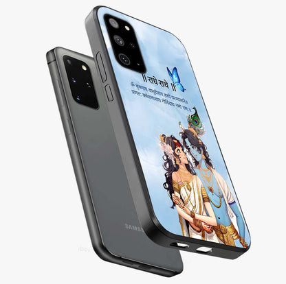 Radha Krishna Eternal Glass Case displayed in angled mockup highlighting divine Radha Krishna illustration with spiritual aesthetic.