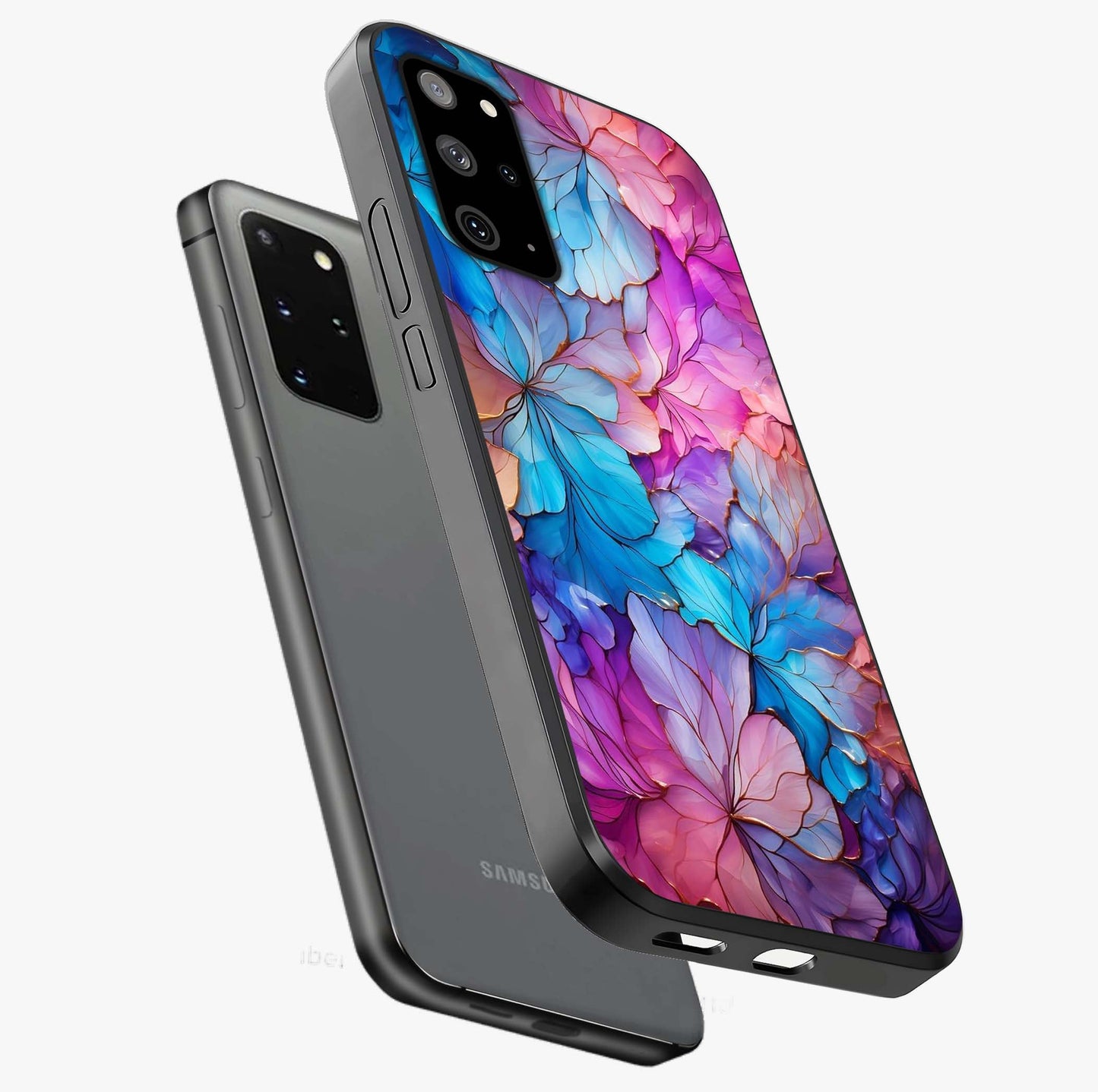 Radiant Floral Whirl Glass Case displayed in angled mockup highlighting vibrant flower pattern with dynamic artistic aesthetic.