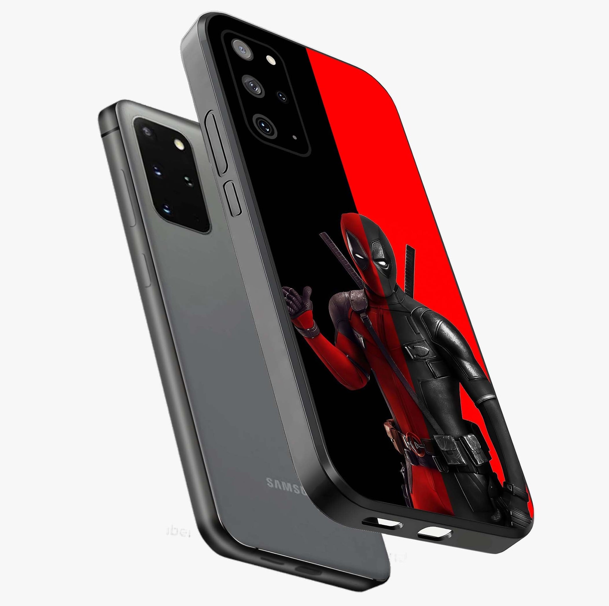 Red & Black Deadpool Theme Glass Case displayed in angled mockup highlighting vibrant superhero style illustration with action aesthetic.