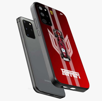 Red Ferrari F1 Vertical Glass Case displayed in angled mockup highlighting high speed racing design with bold automotive aesthetic.